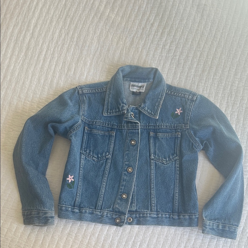 Forever 21 Blue Denim Jacket with Pink Floral Embroidery